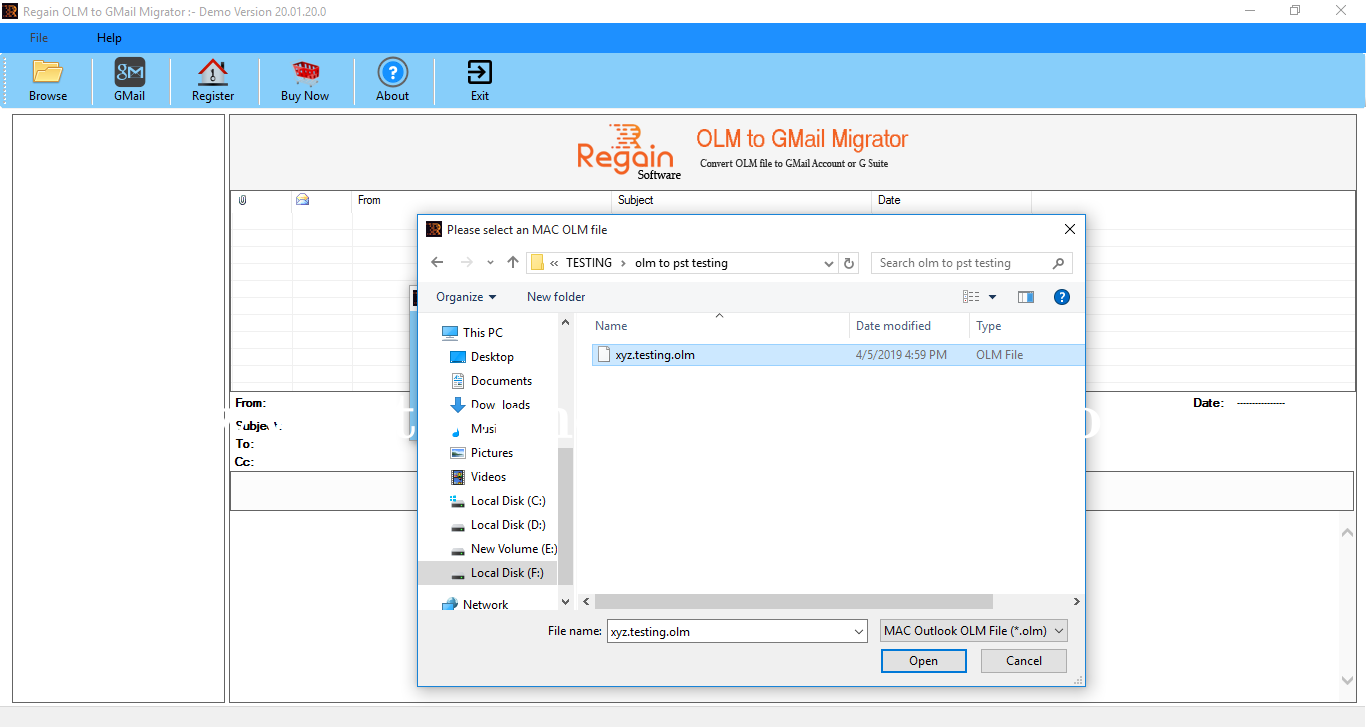 Regain OLM to Gmail Migrator Screenshots